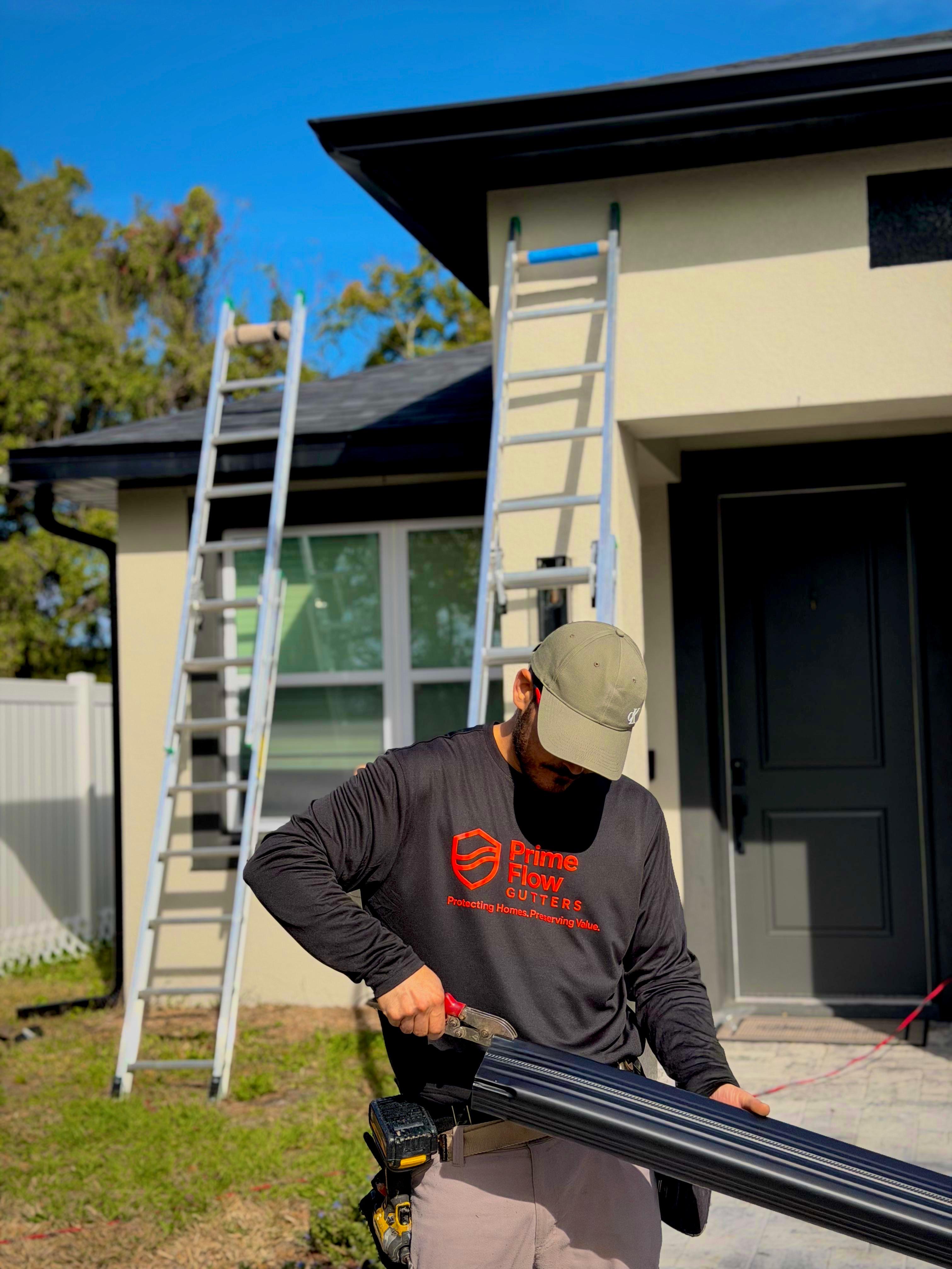 PrimeFlow Gutters technician installing seamless gutters with professional equipment